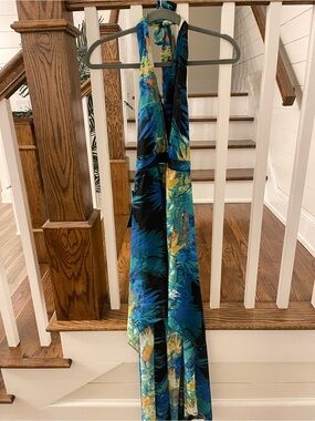 bebe Blue & Black Tropical Backless Halter Maxi Dress
